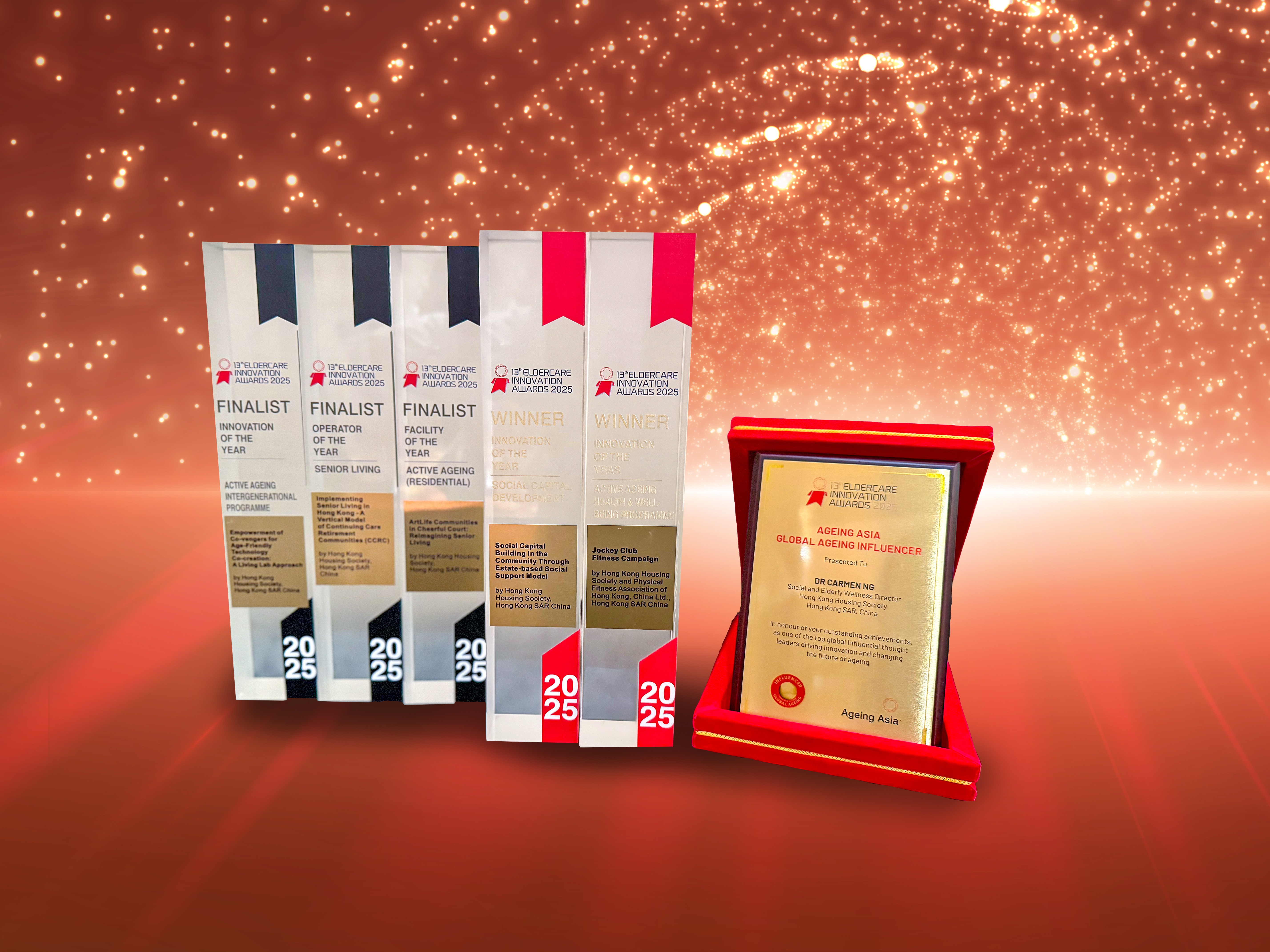 The Hong Kong Housing Society (HKHS) is pleased to receive multiple honours at the 13th Asia Pacific Eldercare Innovation Awards 2025 organised by Ageing Asia in Singapore, clinching two grand prizes for its efforts in fostering community mutual support networks and promoting active ageing programmes in its rental estates.   